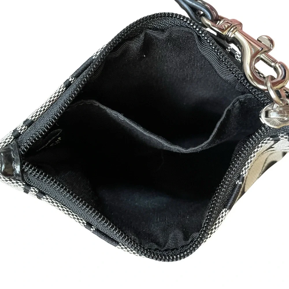 COACH Black Gray Signature Jacquard Stripe Leather Trim Wristlet Top Zip Bag Tag